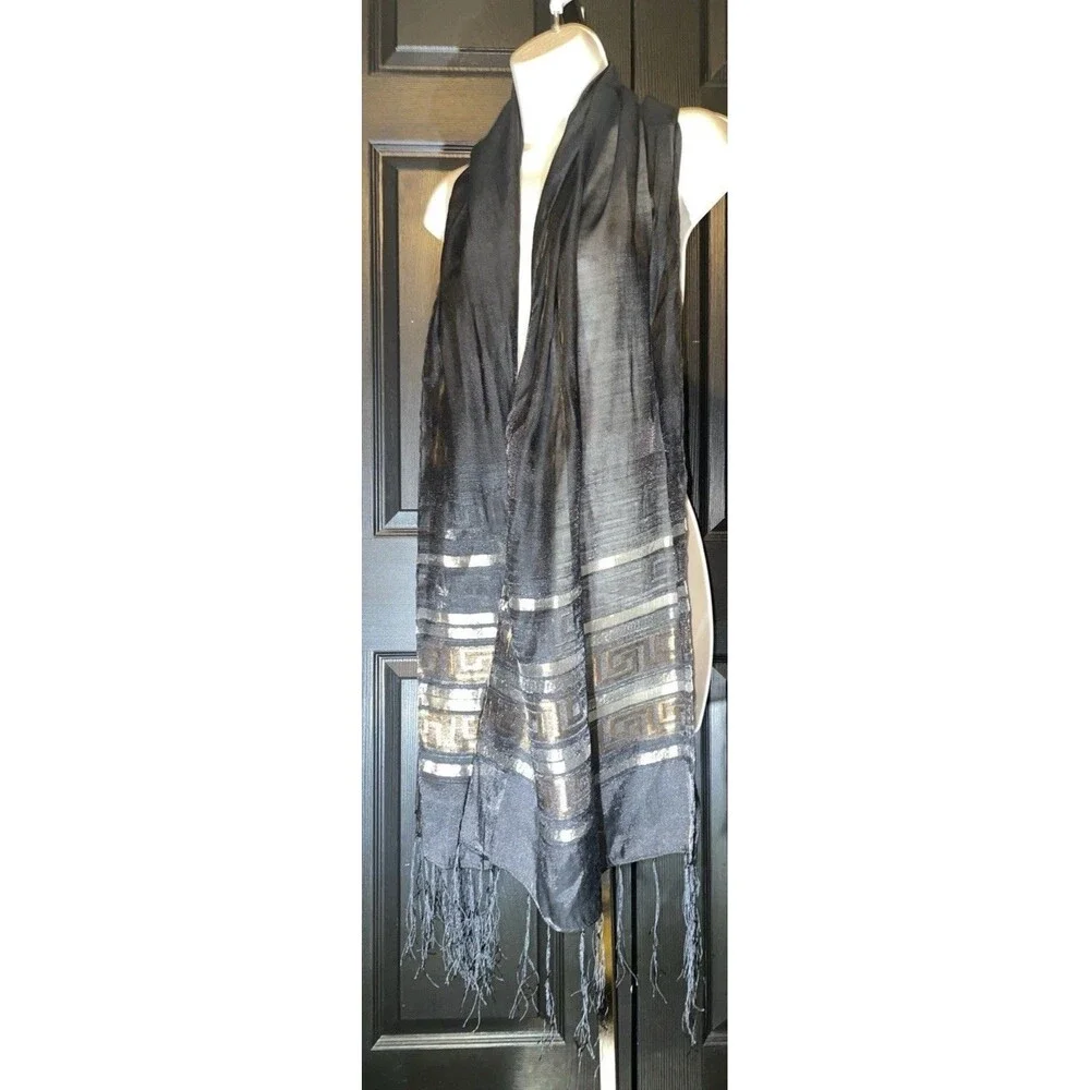 Black Pashmina Scarf Shawl Gold Silver Greek Key Metallic Fringe Evening Wrap
